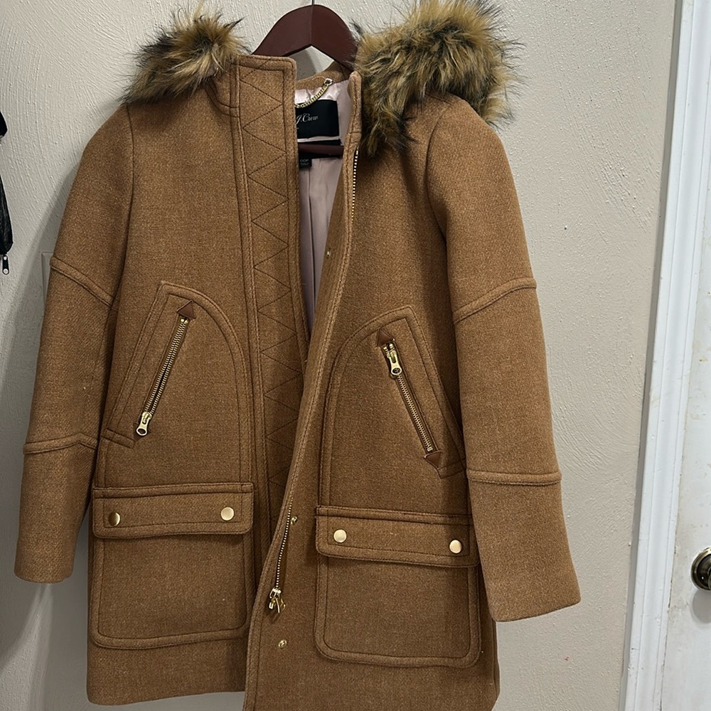 J Crew coat with faux fur lined hood.
